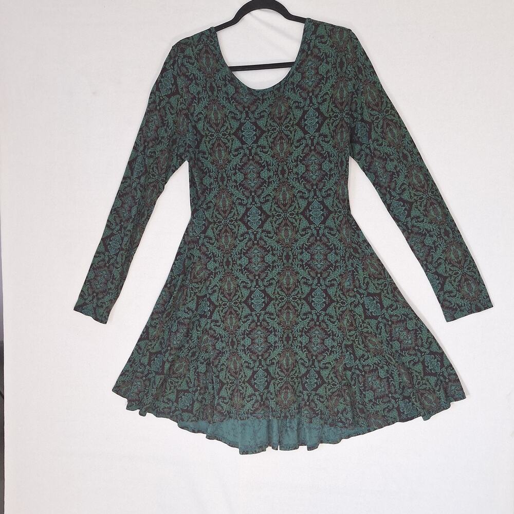 Plume And Thread Dress Size 6 Green Damask Print Made In USA Bamboo Cotton Blend